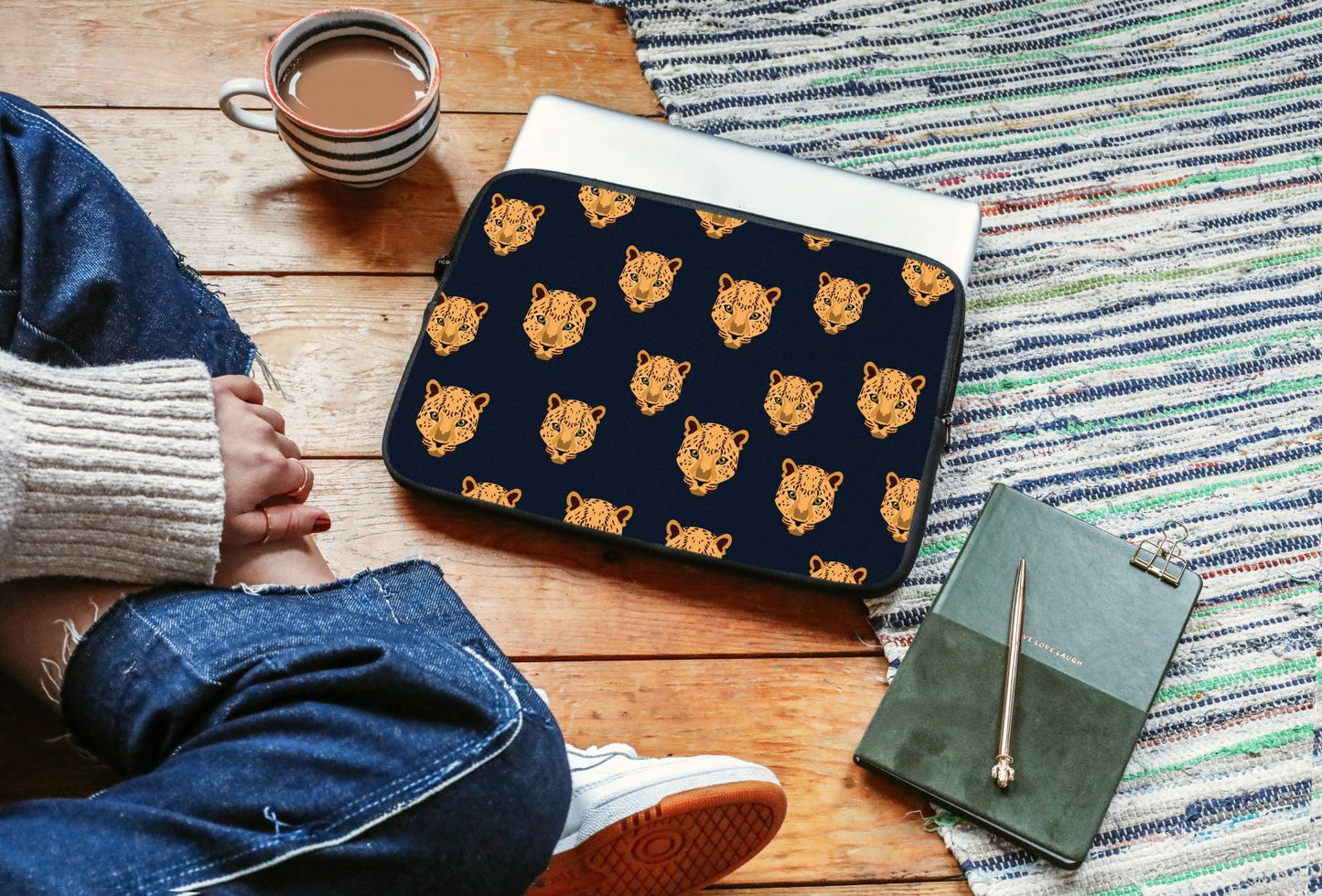 Leopard Faces Navy Blue Laptop Sleeve | Harper & Blake