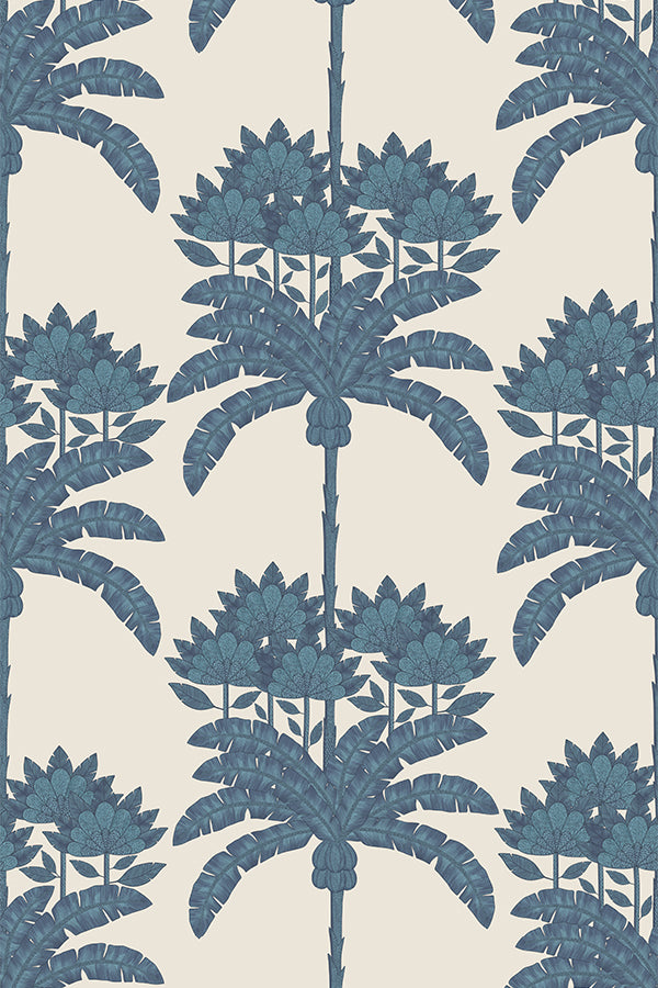 Blue palm leaf pattern on a beige background