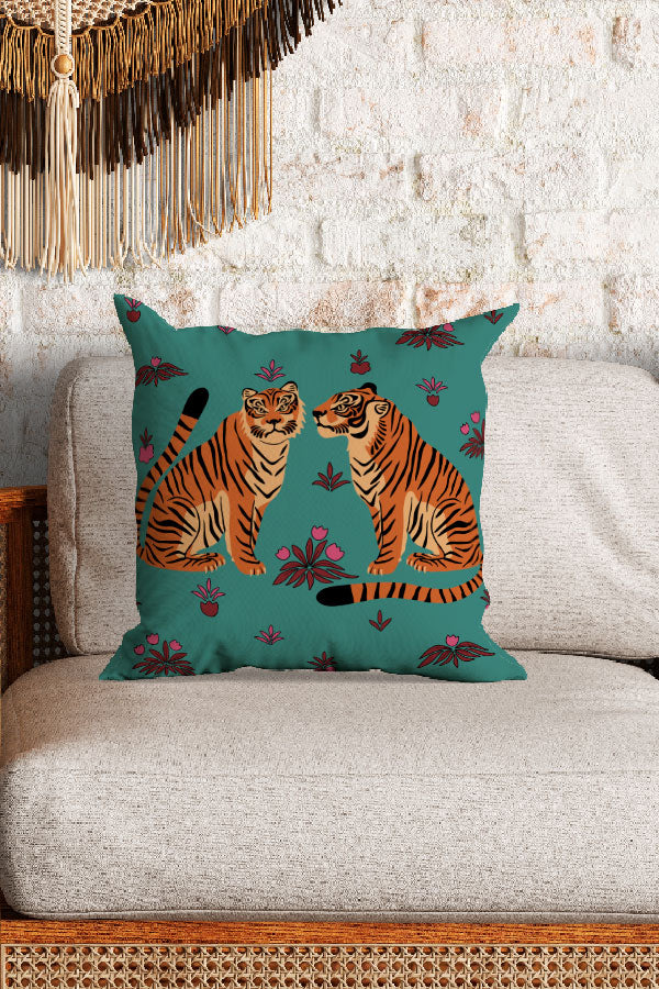 Two Floral Tigers Square Cushion (Turquoise)