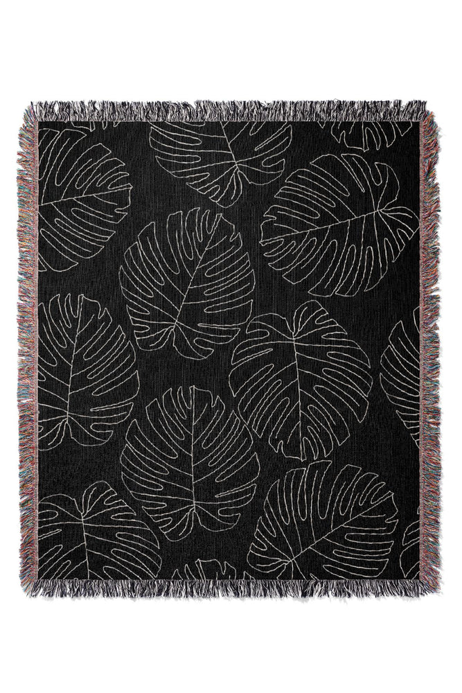 Monstera Plant Line Art Jacquard Woven Blanket (Black)