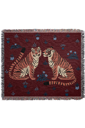 Two Floral Tigers Jacquard Woven Blanket (Deep Red) | Harper & Blake