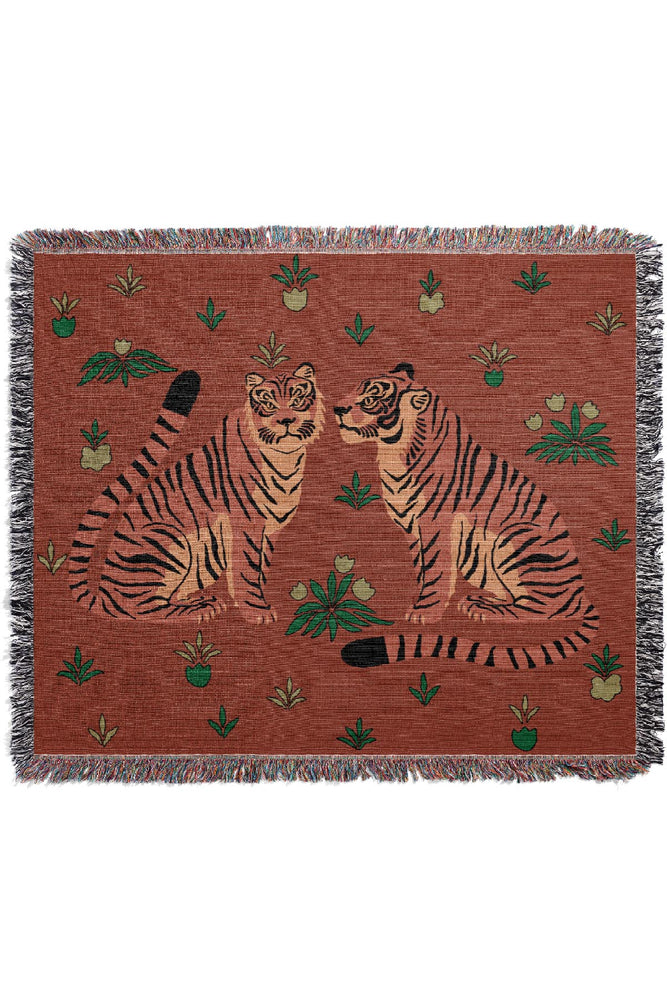 Two Floral Tigers Jacquard Woven Blanket (Red) | Harper & Blake