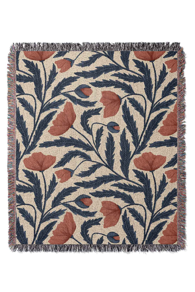 Poppy Flowers by Denes Anna Design Jacquard Woven Blanket (Beige)