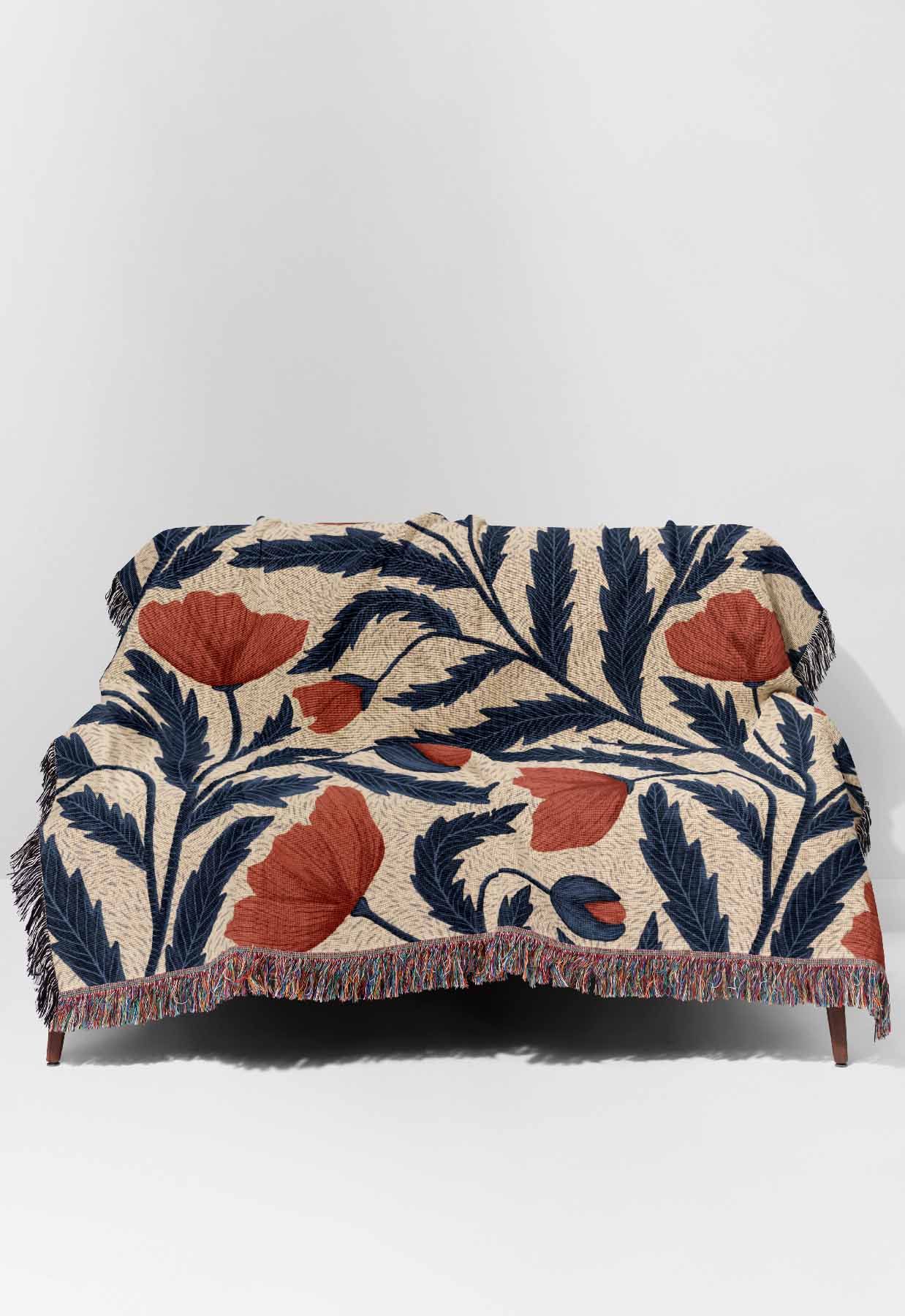 Poppy Flowers by Denes Anna Design Jacquard Woven Blanket (Beige
