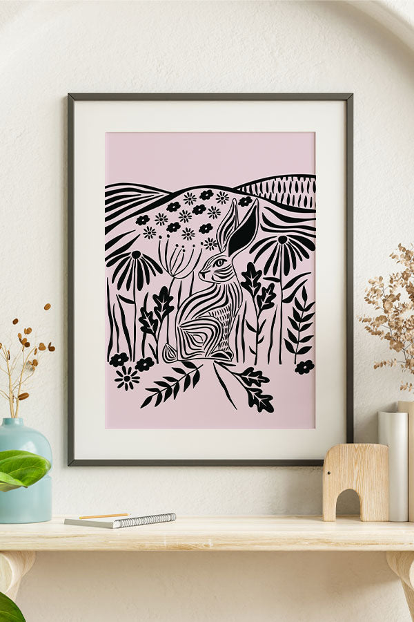 Flower Rabbit Giclée Art Print Poster (Baby Pink)