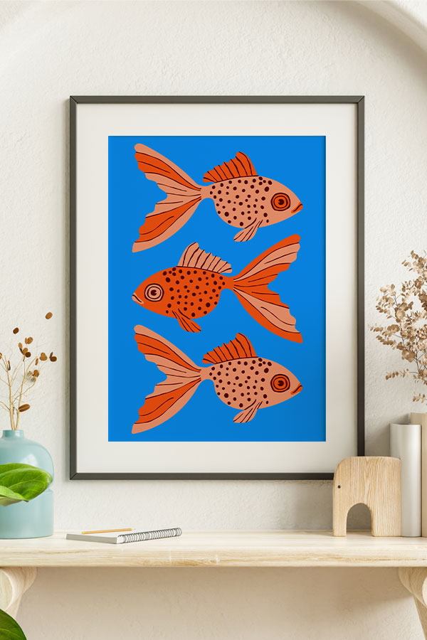 Bold Graphic Three Goldfish Giclée Art Print Poster (Blue)