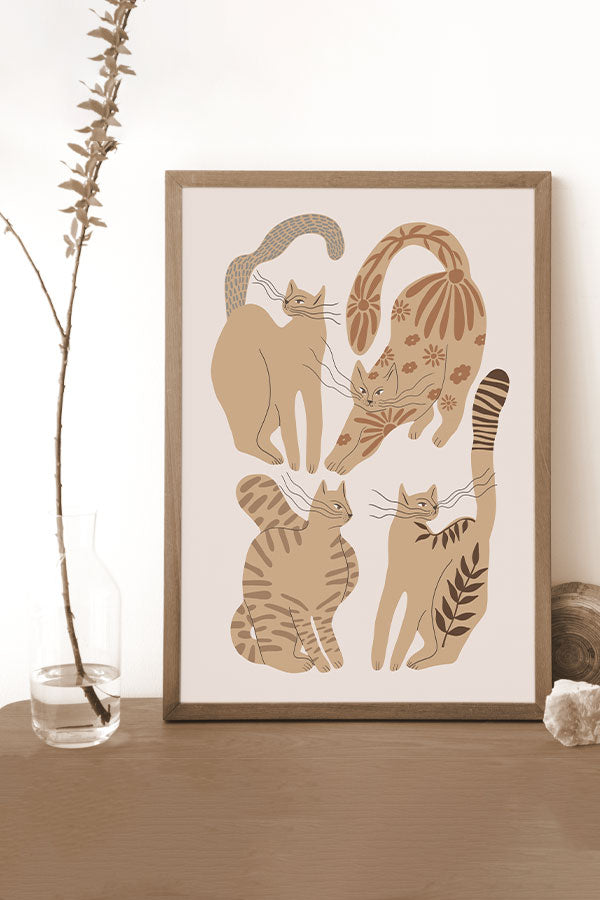 Abstract Floral Cats Art Print Poster (Off-White)