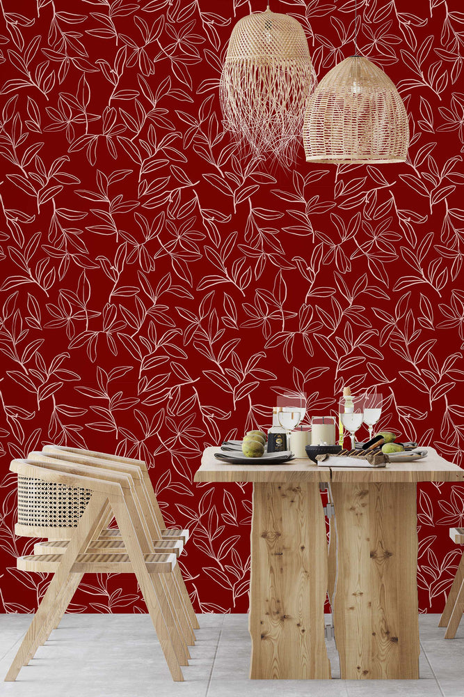 Willow Leaves Wallpaper (Cherry Red) | Harper & Blake