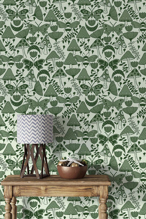 Mushroom Garden Wallpaper (Forest Green) | Harper & Blake