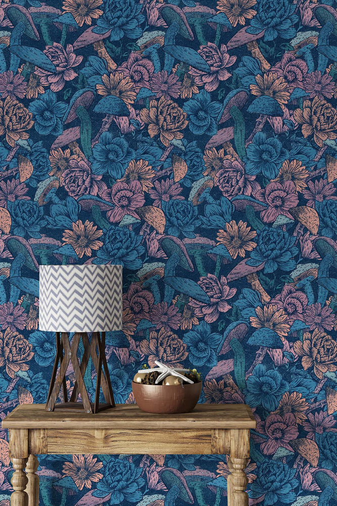 Mushroom Flowers Wallpaper (Blue Bloom) | Harper & Blake