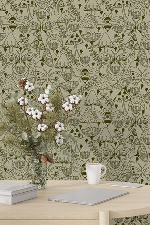 Mushroom Garden Wallpaper (Moss Green) | Harper & Blake