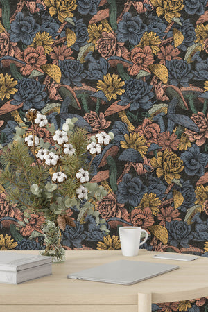 Mushroom Flowers Wallpaper (Blue Black) | Harper & Blake