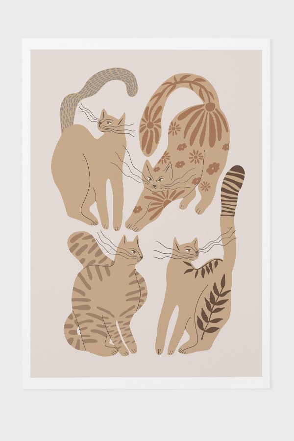 Abstract Floral Cats Art Print Poster (Off-White)