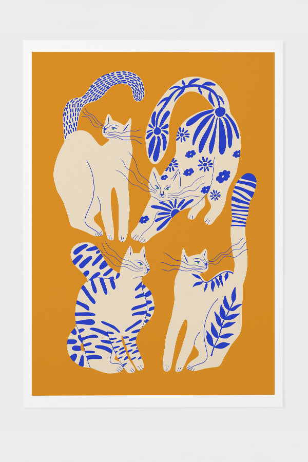 Abstract Floral Cats Art Print Poster (Yellow) | Harper & Blake