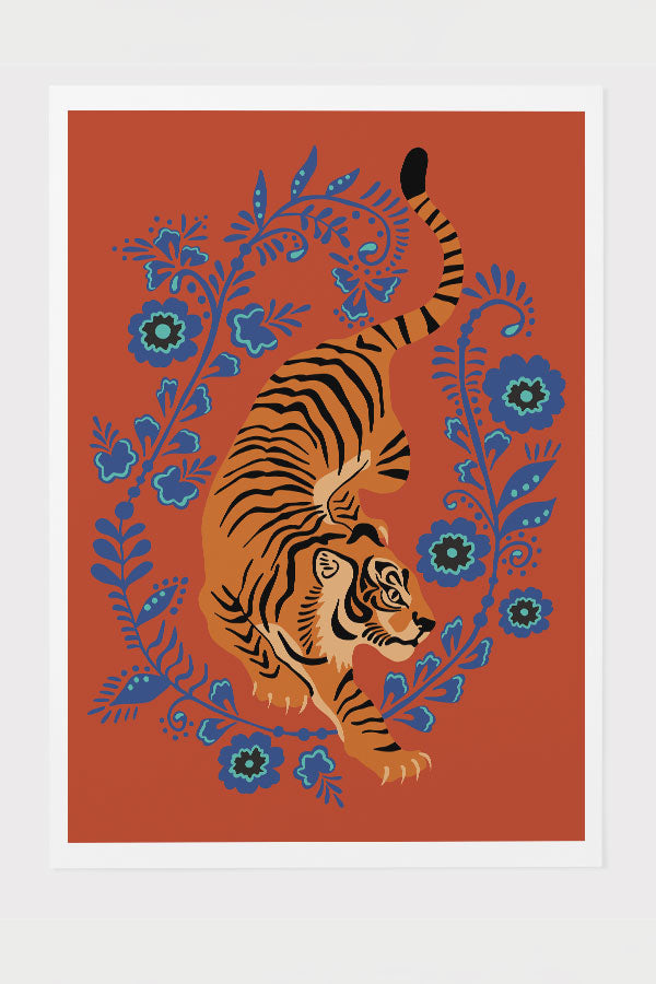 Floral Tiger Art Print Poster (Orange Blue) | Harper & Blake