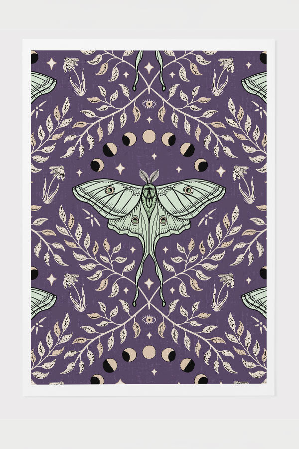 Luna Moths Damask by Misentangledvision Art Print Poster (Purple) | Harper & Blake