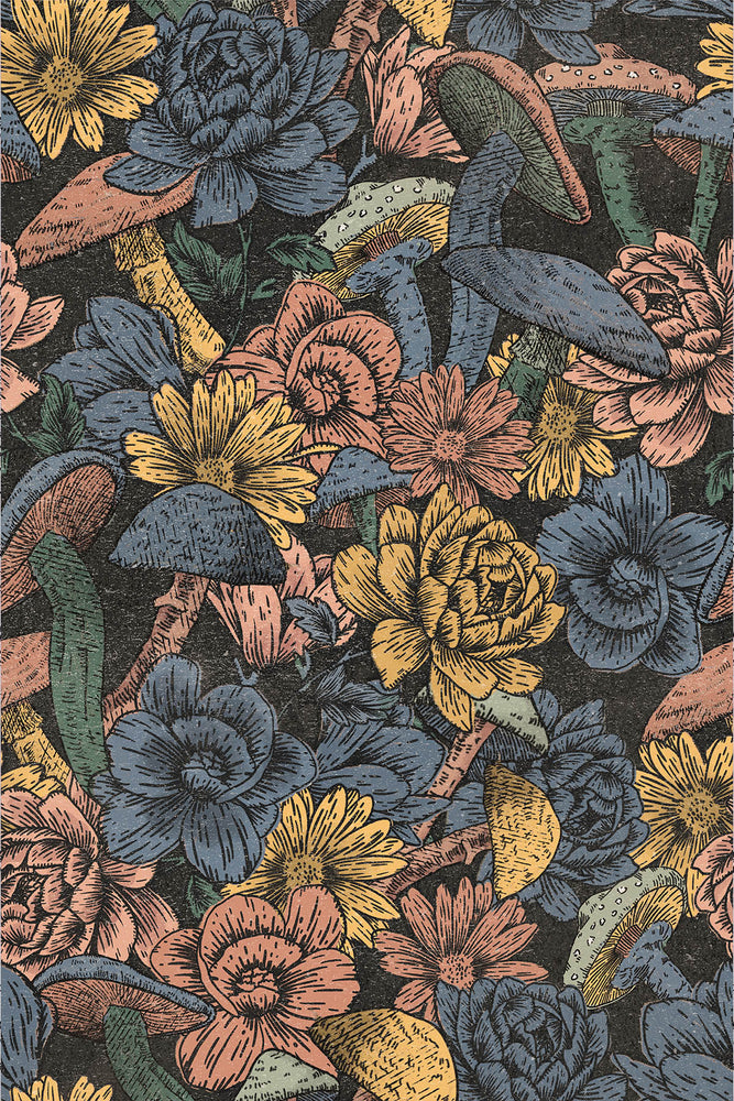 Mushroom Flowers Wallpaper (Blue Black) | Harper & Blake