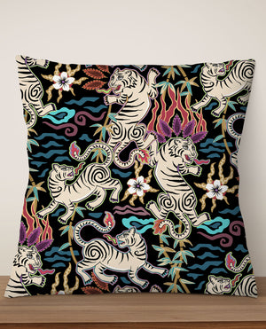 Flaming Tigers by Misentangledvision Square Cushion (Black) | Harper & Blake