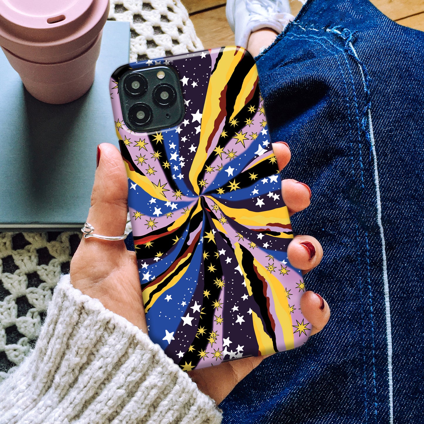 Big Bang Colourful Phone Case being held by women in grey jumper 