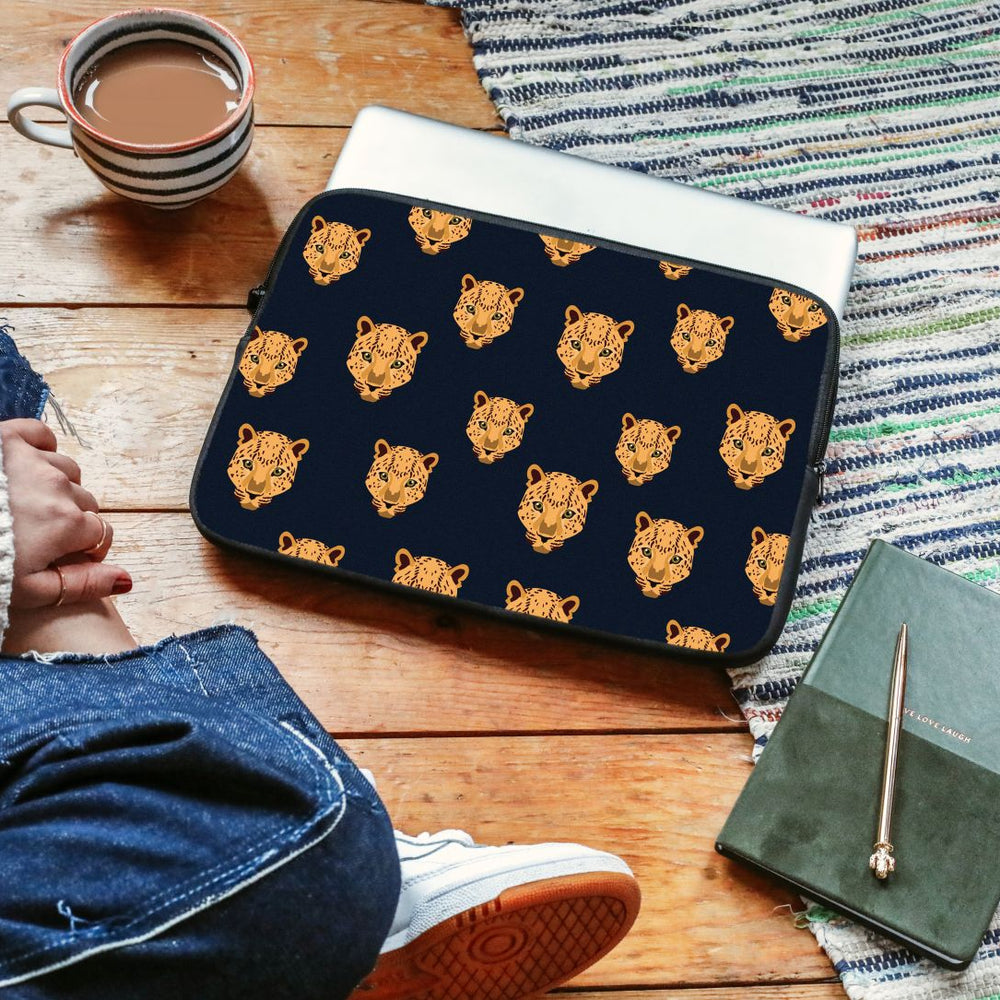 Leopard Faces Navy Blue Laptop Sleeve | Harper & Blake 