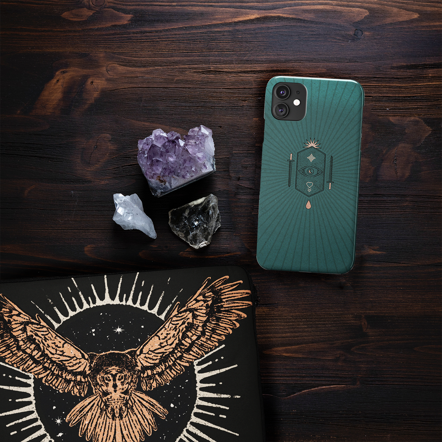 Green Mystic Eye Phone Case and Owl Laptop Sleeve on Desk | Harper & Blake 