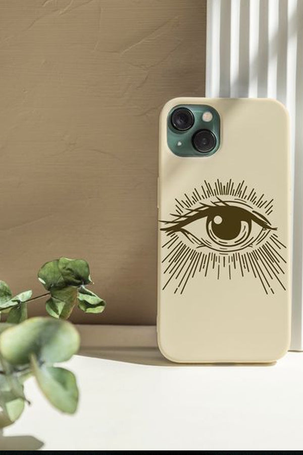 Beige phone case with a single placement eye illustration on a neutral background