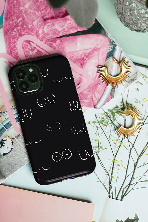 Black phone case with a boob line art print on it