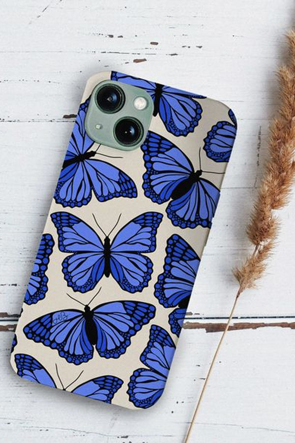 Phone case with a blue butterfly pattern on it 