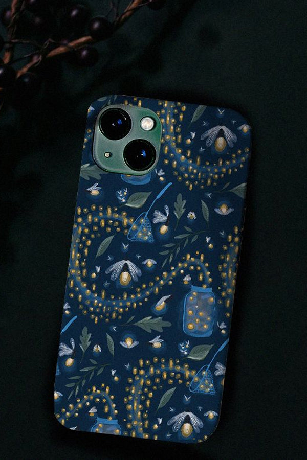 Phone case with a dark blue firefly design with nets and jars