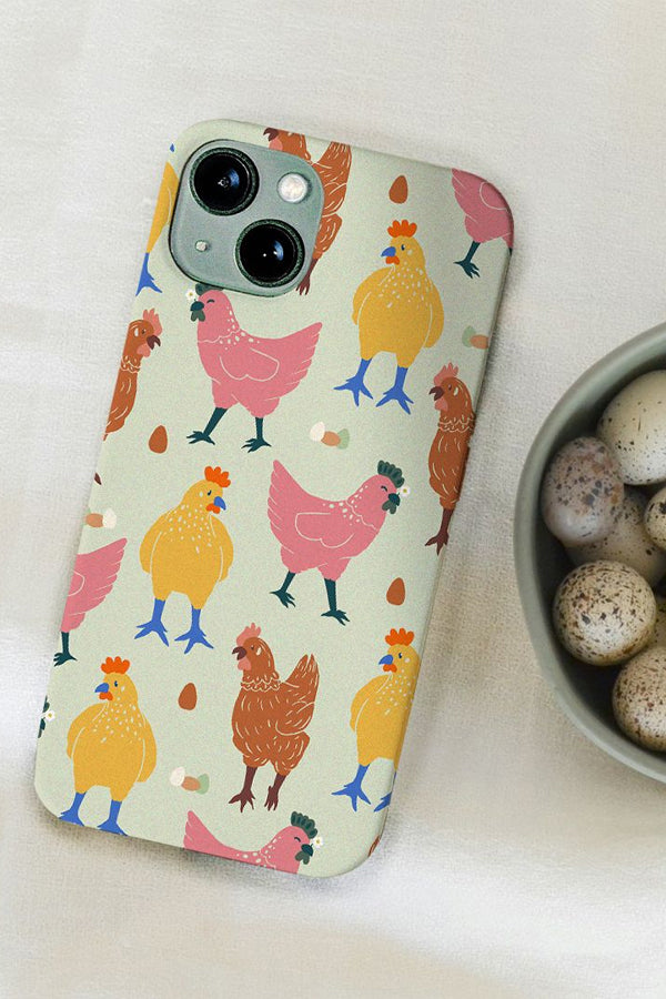 Phone case with colorful chicken pattern on a light background