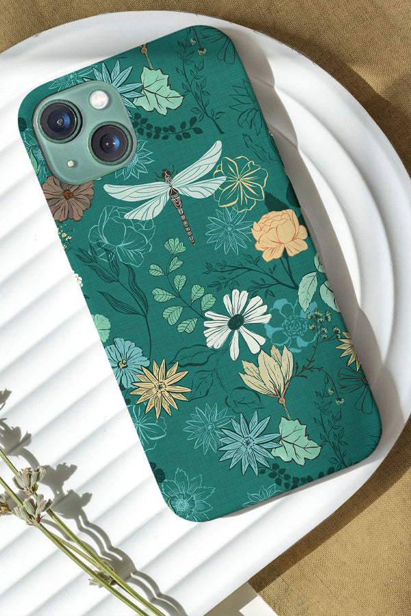 Phone case with a green floral with with a dragonfly illustration