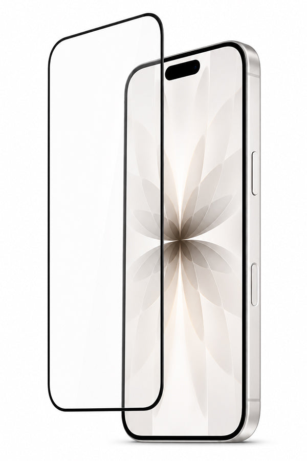 A clear tempered glass screen protector with a black border, shown partially covering the front of a silver smartphone on a clean white background.