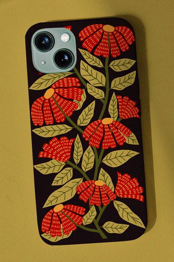 Phone case with a black background with red flowers