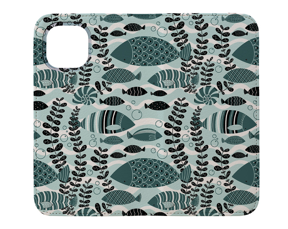 Geometric Fish By Angela Sbandelli Wallet Phone Case (Pine and Mint) | Harper & Blake