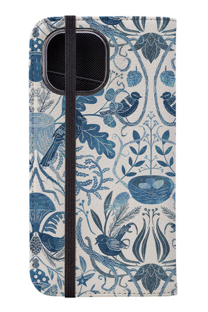 Birds in a Thicket Woodland Damask by Michele Norris Wallet Phone Case (Blue) | Harper & Blake