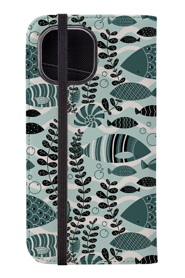 Geometric Fish By Angela Sbandelli Wallet Phone Case (Pine and Mint) | Harper & Blake