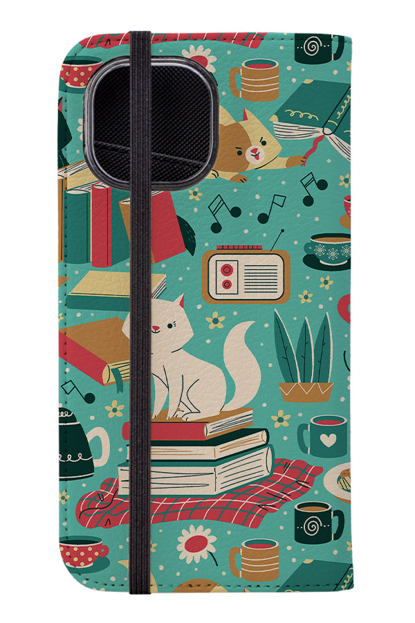 Cozy Cat Reading By Angela Sbandelli Wallet Phone Case (Green) | Harper & Blake