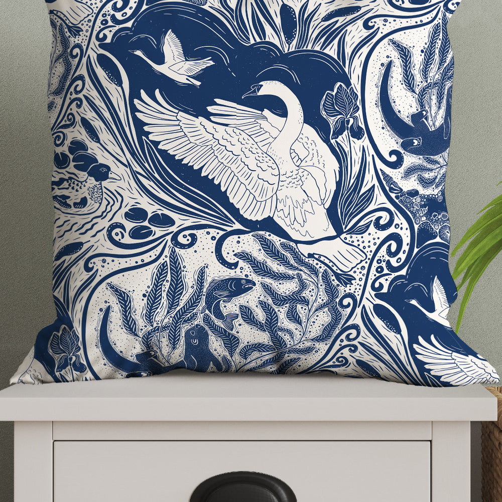 Water Life Block Print by Denes Anna Design Square Cushion (Blue) | Harper & Blake