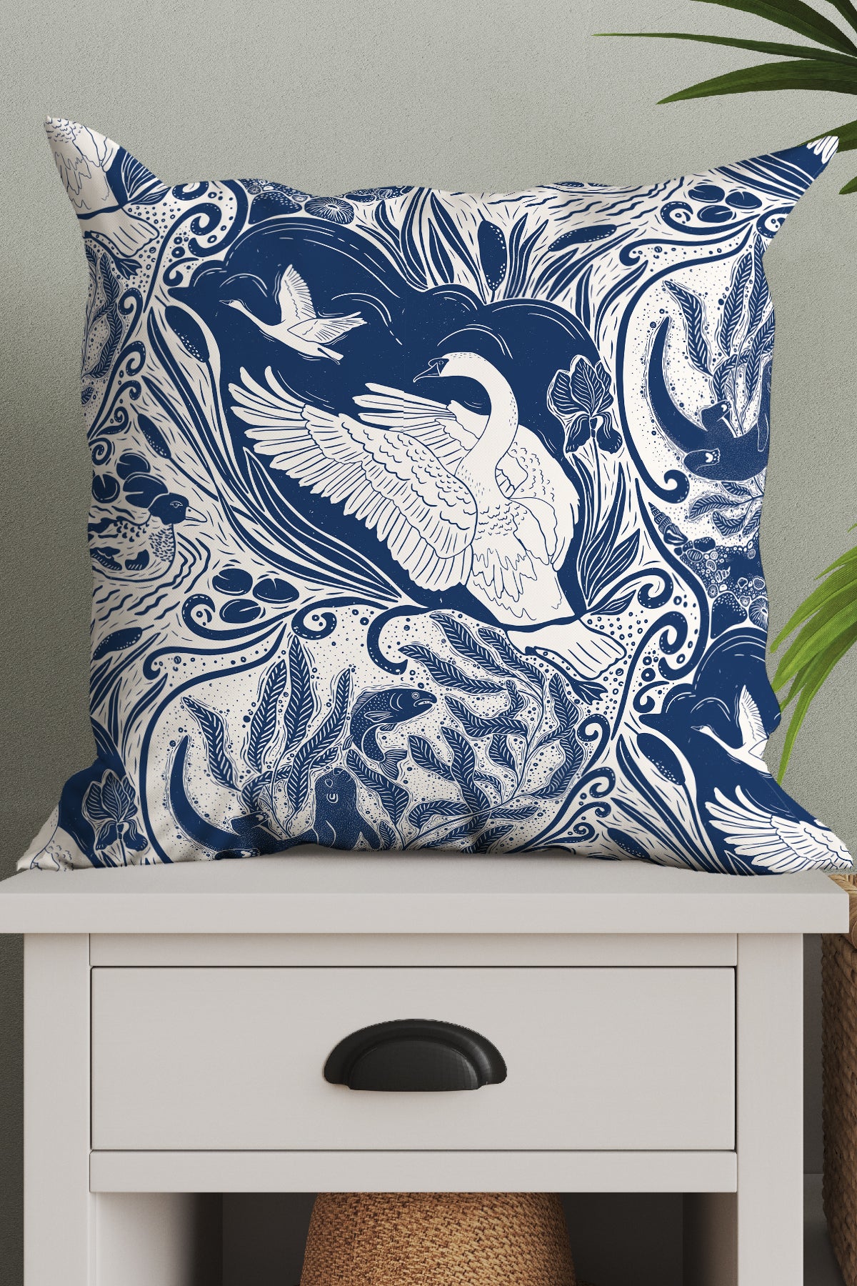 Water Life Block Print by Denes Anna Design Square Cushion (Blue) | Harper & Blake