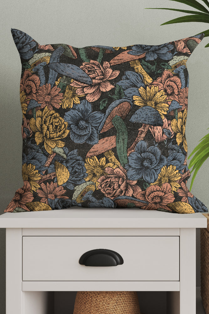 Mushroom Flowers Square Cushion (Blue Black)