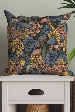 Mushroom Flowers Square Cushion (Blue Black) | Harper & Blake