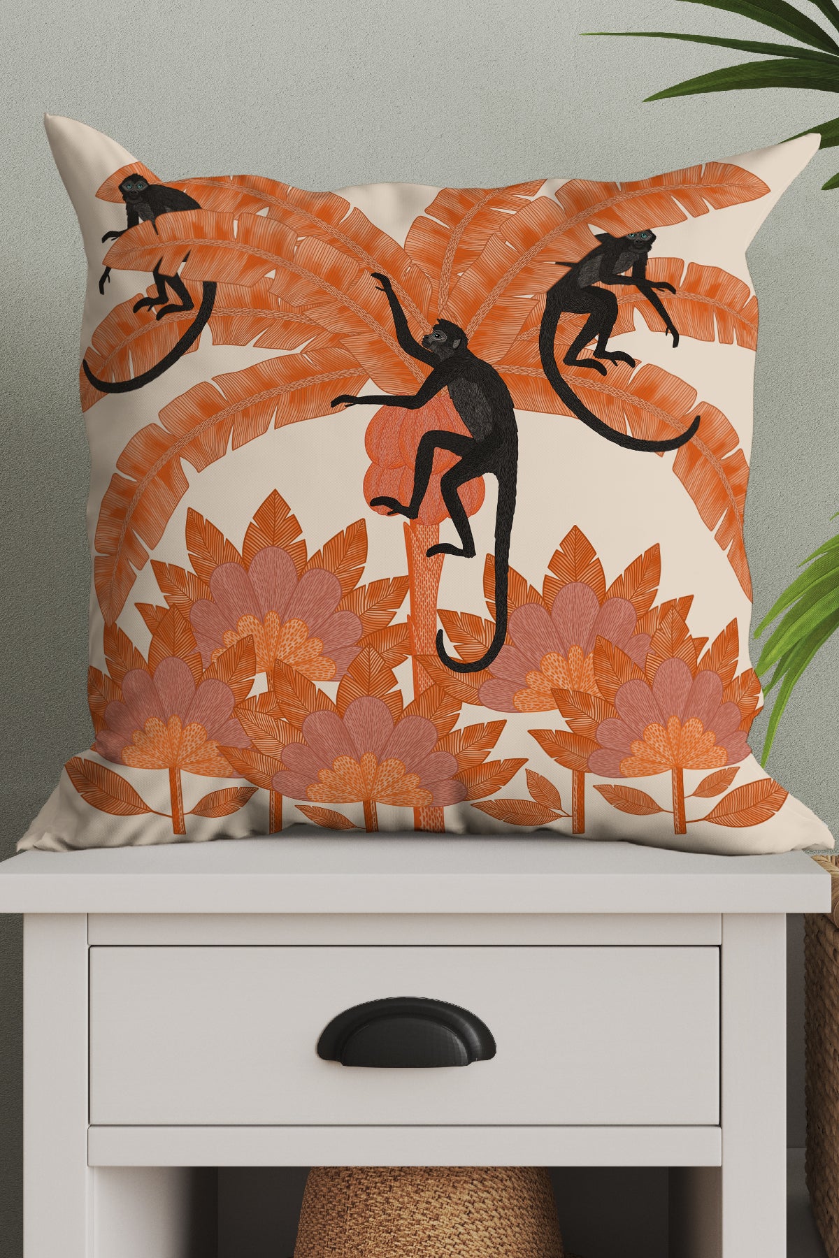Monkey Palm Tree Square Cushion (Peach) | Harper & Blake