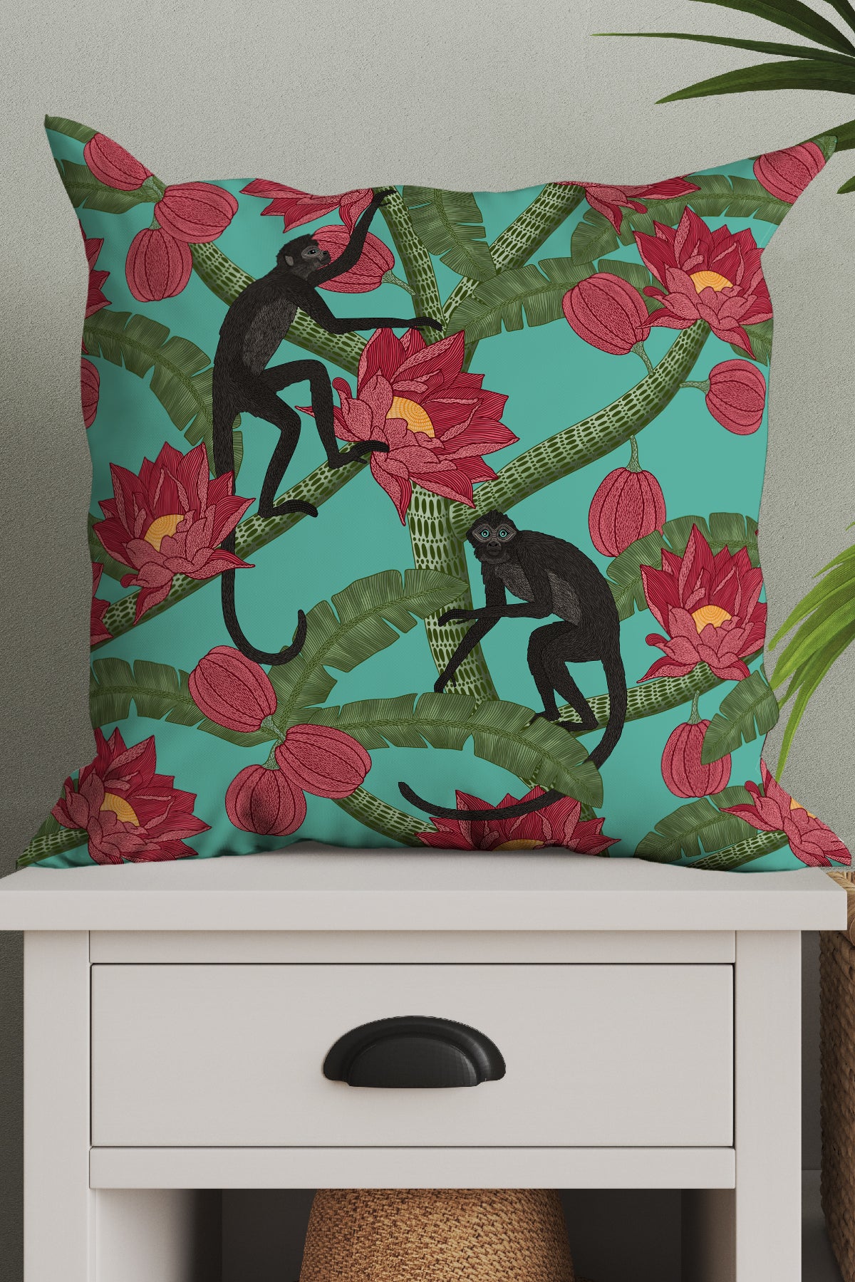 Monkey Kingdom Square Cushion (Turquoise) | Harper & Blake