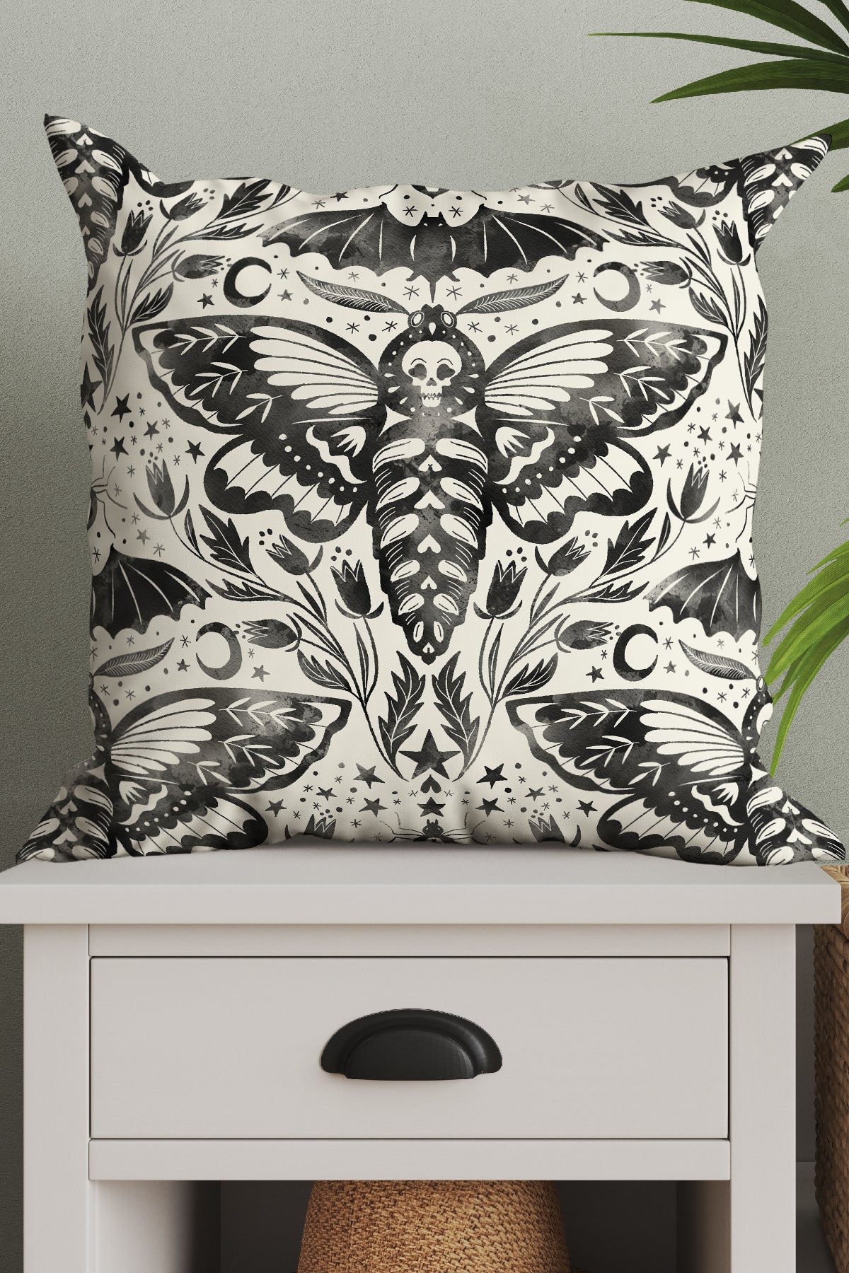 Skull Moth Damask By Rebecca Elfast Square Cushion (Monochrome) | Harper & Blake