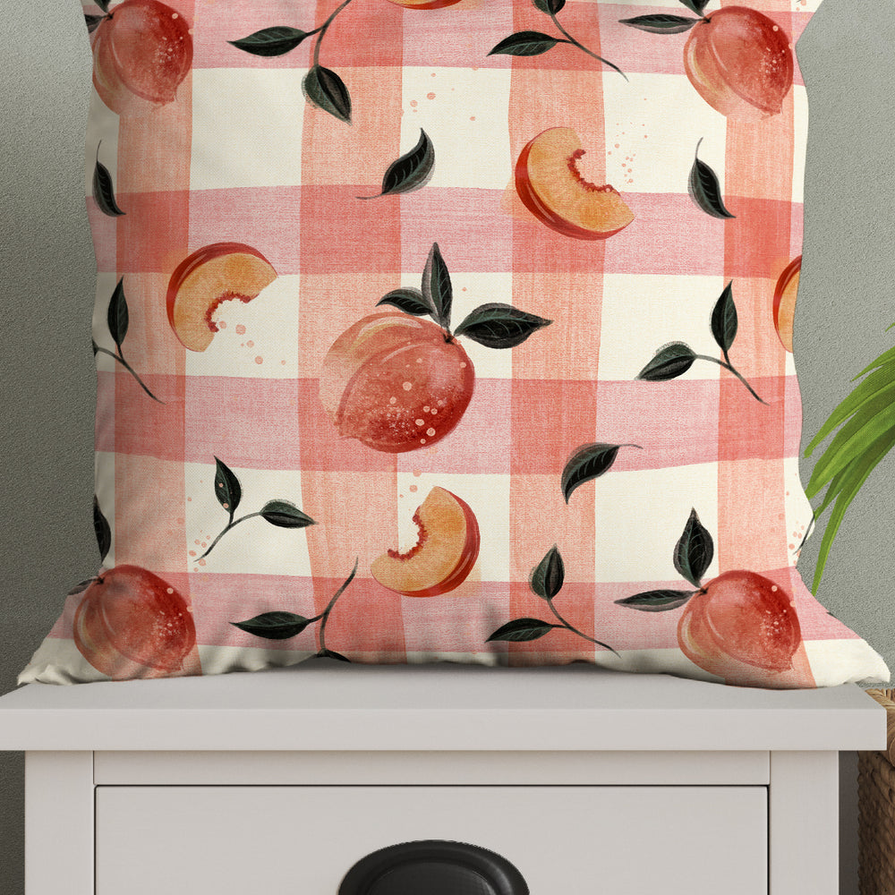 Retro Kitchen Peaches Gingham By Rebecca Elfast Square Cushion (Pink) | Harper & Blake