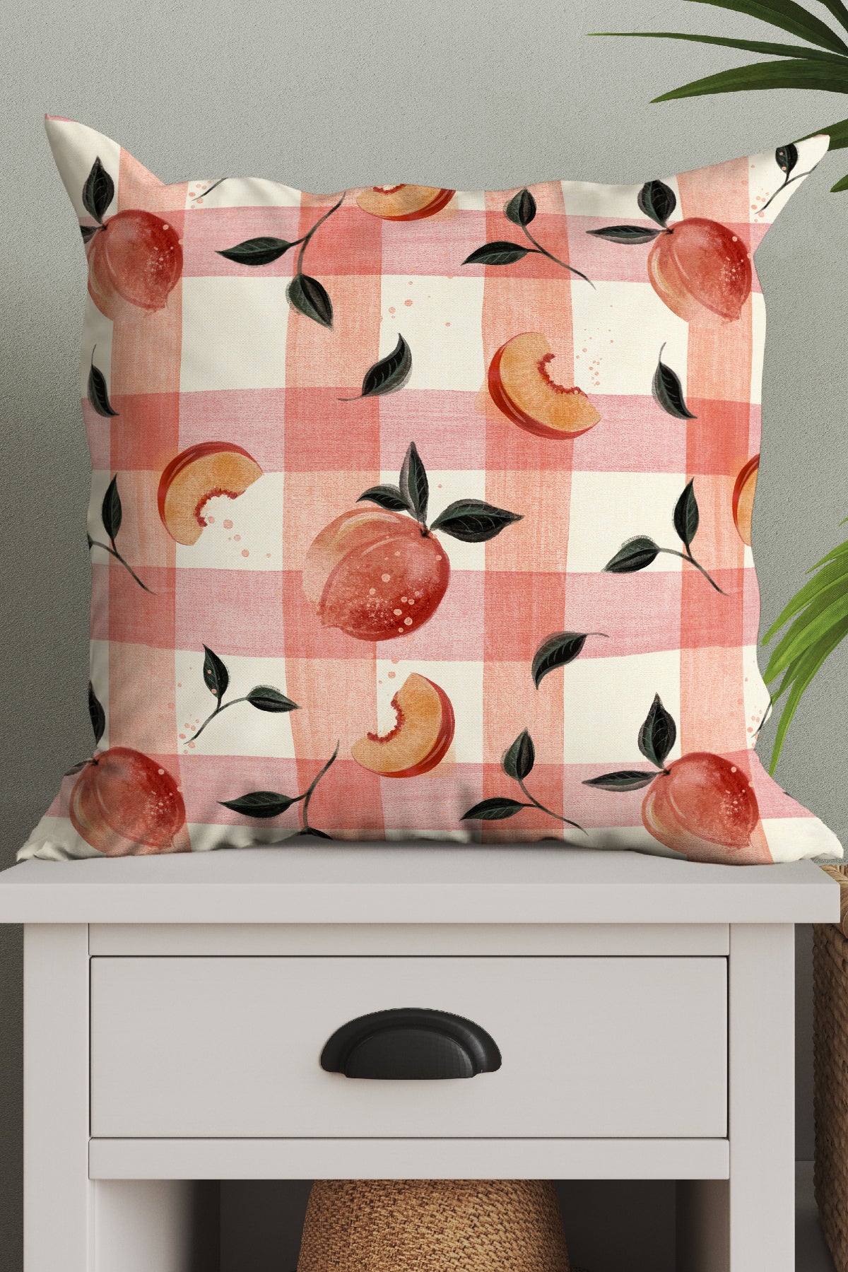 Retro Kitchen Peaches Gingham By Rebecca Elfast Square Cushion (Pink) | Harper & Blake