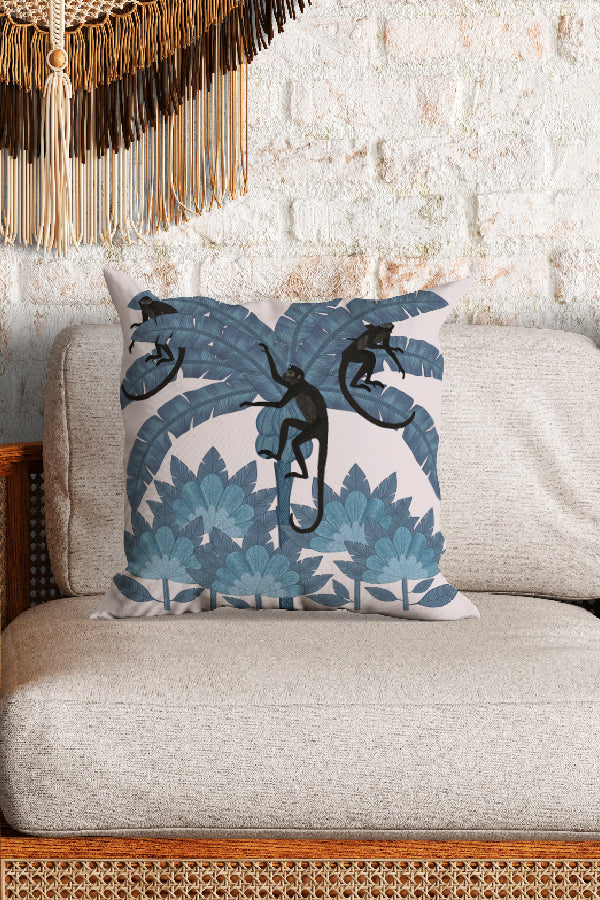 Monkey Palm Tree Square Cushion (Off-White Blue) | Harper & Blake