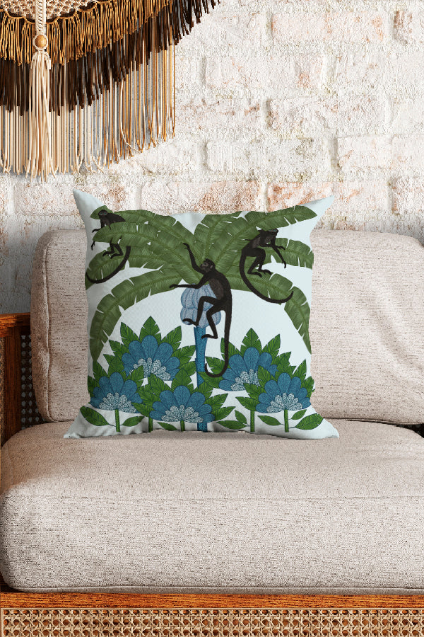 Monkey Palm Tree Square Cushion (Blue) | Harper & Blake