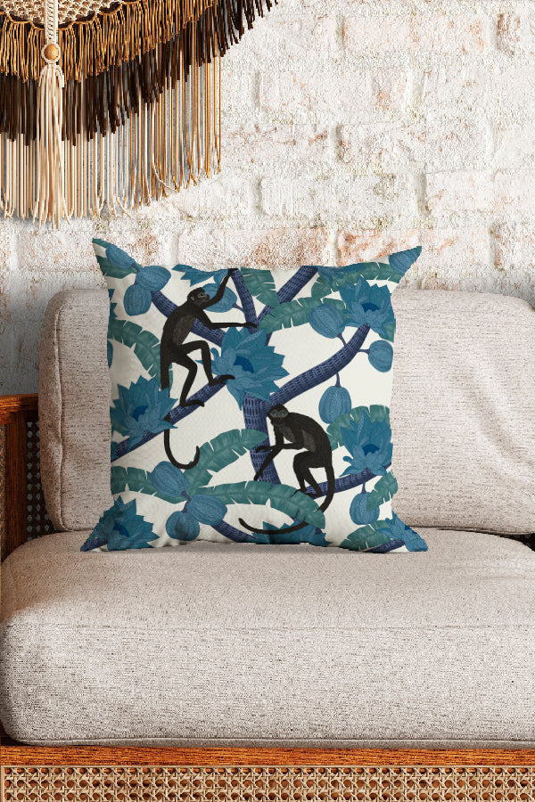 Monkey Kingdom Square Cushion (Off-White Blue) | Harper & Blake