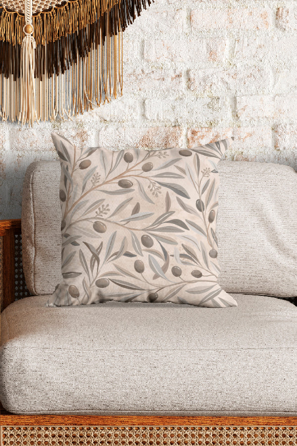 Mediterranean Painterly Olive Tree Branches By Rebecca Elfast Square Cushion (Neutrals) | Harper & Blake